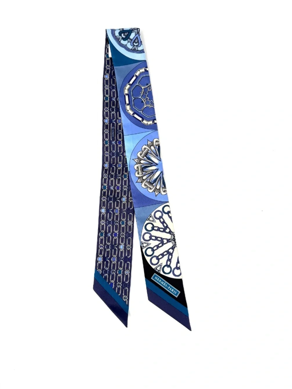 Hermes Effet Kaleidoscope Print Bleu Jean Creme Indigo Silk Twilly Scarf